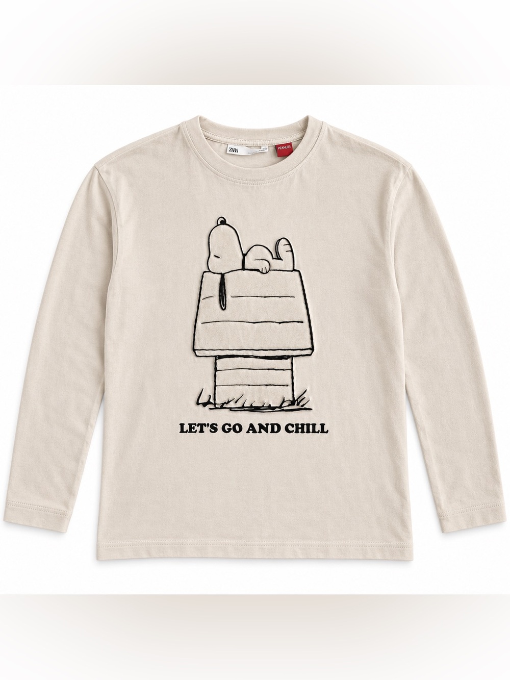 ZARA Beige Long Sleeve Tee with Snoopy 'Let's Go and Chill' Graphic